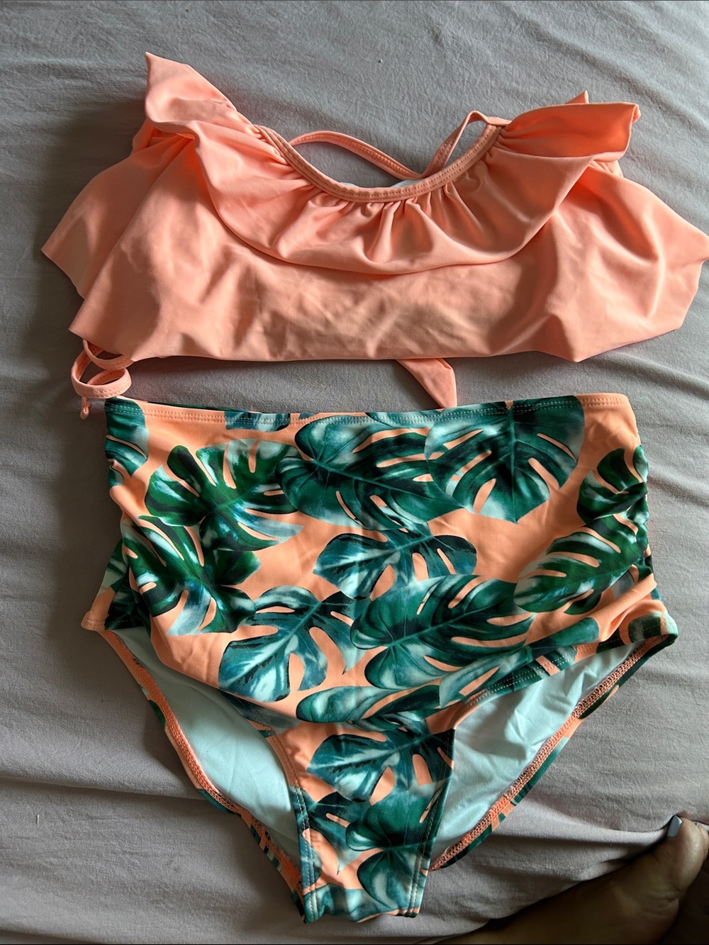 Peach Ruffle Bikini Top and Tropical High-Waist Bottoms - Women Swim